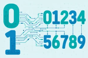 Number System — binary अंक 0 और 1 से decimal अंकों में बदलता चित्रण